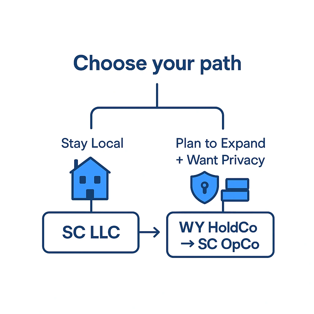 Decision tree suggesting SC LLC or WY HoldCo to SC OpCo